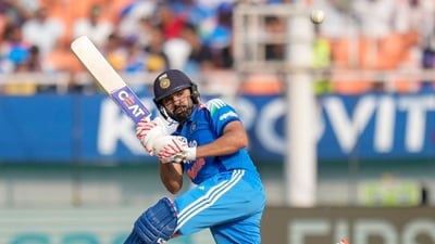 Rohit Sharma anchored the innings after India were reduced to 4/2, smashing 10 boundaries and three sixes in his 85-ball 92. (PTI) Rohit Sharma anchored the innings after India were reduced to 4/2, smashing 10 boundaries and three sixes in his 85-ball 92. (PTI)