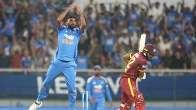Mohammed Siraj drew the first blood as he got rid of John Campbell after West Indies were off to a fiery stary in the chase. (PTI) Mohammed Siraj drew the first blood as he got rid of John Campbell after West Indies were off to a fiery stary in the chase. (PTI)