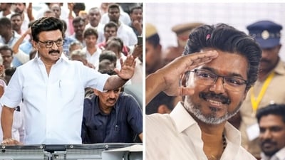 Vijay strongly condemned Stalin's alleged remarks in a post on X, describing the DMK as a “force of evil” and accusing Stalin of speaking about Sathyabama in an indecent manner. (PTI photos) Vijay strongly condemned Stalin's alleged remarks in a post on X, describing the DMK as a “force of evil” and accusing Stalin of speaking about Sathyabama in an indecent manner. (PTI photos)