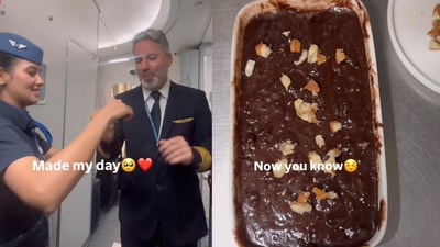 IndiGo captain cuts cake during his last flight. (Instagram/@ashu_yadwade12) IndiGo captain cuts cake during his last flight. (Instagram/@ashu_yadwade12)