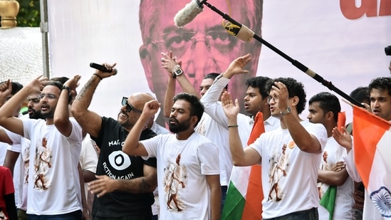 Cockroach Janta Party (CJP) founder Abhijit Dipke, along with Chief Spokesperson Saurav Das, National Spokesperson Ashutosh Ranka and Singer Vishal Dadlani, during a protest seeking Chief Election Commissioner Gyanesh Kumar's resignation over voter roll deletions at Chhatrapati Shivaji Maharaj Park, Dadar, in Mumbai on Friday.
