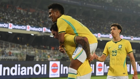 Pedro of Brazil celbraes a goal during FIFA International Friendly match against India at Vivekananda Yuva Bharati Stadium in Kolkata, India, on Saturday.