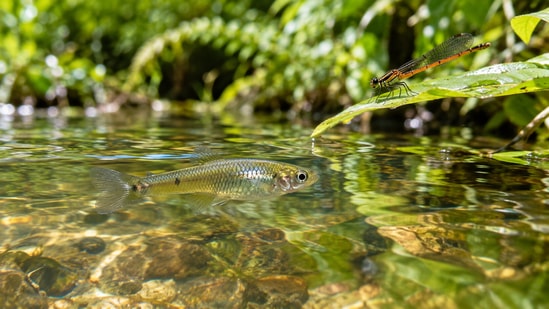 A tiny fish brought to Hawaii in 1905 to fight mosquitoes is now linked to declines in native damselflies. (AI-generated/ChatGPT)
