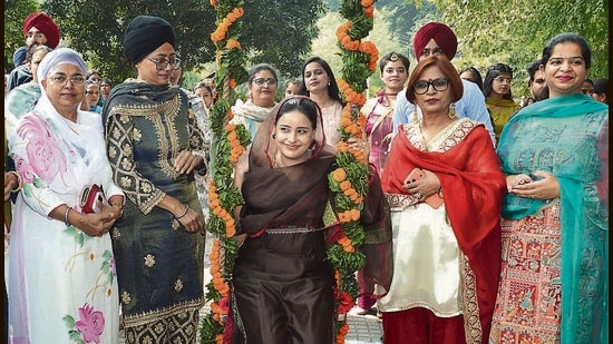 Gurpreet Kaur Mann, wife of chief minister Bhagwant Mann, during a cultural fair at Government College for Girls in Ludhiana on Saturday. (Manish/HT)