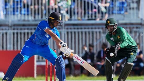 India's Abhishek Sharma in action against Pakistan during the Asian Games final. (AP Photo/AP Photo/Mark Baker))