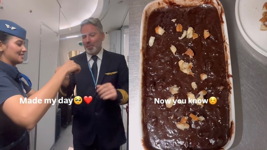 IndiGo captain cuts cake during his last flight.