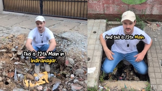 A Canadian man shared a video of Bengaluru’s damaged footpaths and questioned the city’s poor pedestrian infrastructure.(Instagram/@caleb_friesen)