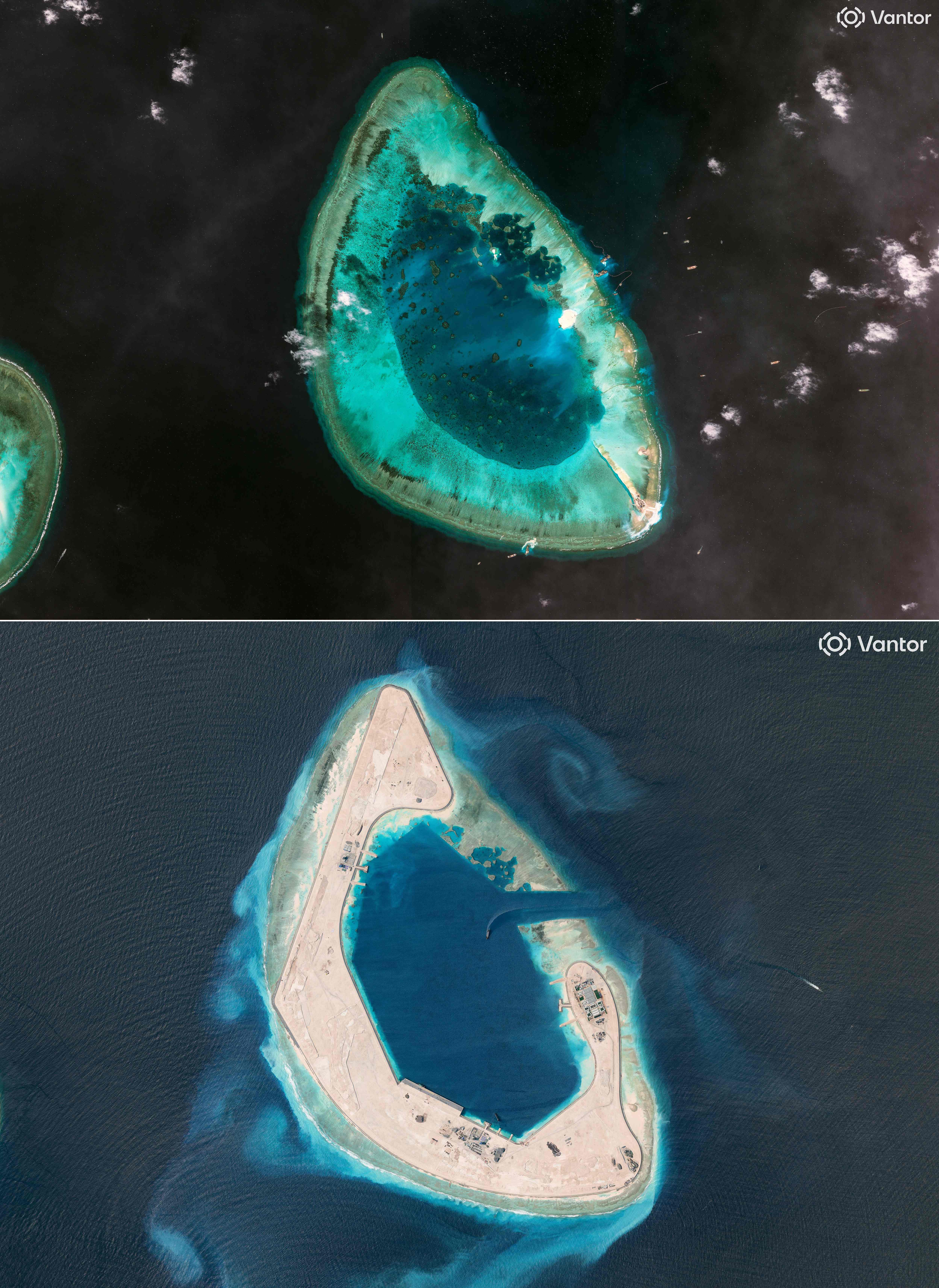 This combination of handout satellite images released by Vantor shows China's construction work at Antelope reef on December 13, 2025 (top) and August 11, 2026 in the disputed Paracel Islands in the South China Sea. (Satellite image Vantor via AFP) This combination of handout satellite images released by Vantor shows China's construction work at Antelope reef on December 13, 2025 (top) and August 11, 2026 in the disputed Paracel Islands in the South China Sea. (Satellite image Vantor via AFP)