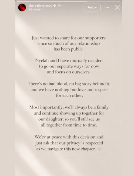 Jay Cinco and Lala Baptiste have confirmed their breakup after getting engaged and welcoming their first child. (Instagram/therealijaycincoo) Jay Cinco and Lala Baptiste have confirmed their breakup after getting engaged and welcoming their first child. (Instagram/therealijaycincoo)
