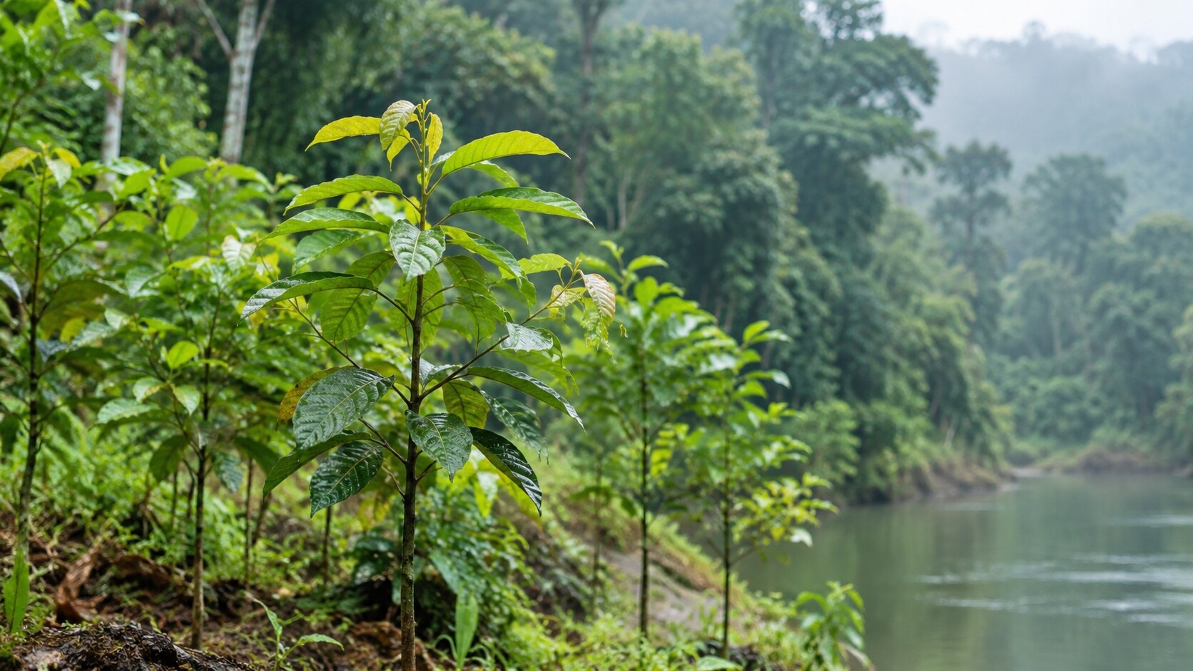 A small patch of young native trees beside a river, with mature rainforest rising behind it. (AI-generated/ChatGPT)