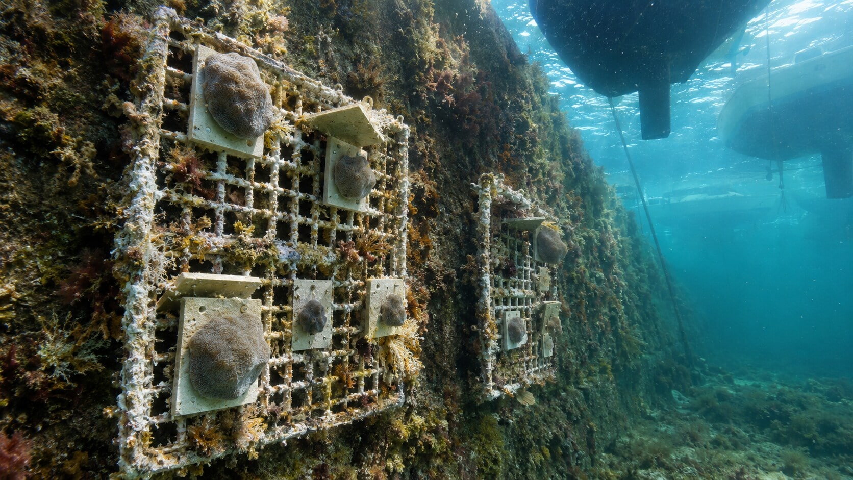 Researchers mounted sponge-bearing ceramic plates on metal grids fixed to a seawall at Marina Palamós in Girona, Spain. (AI-generated/ChatGPT) Researchers mounted sponge-bearing ceramic plates on metal grids fixed to a seawall at Marina Palamós in Girona, Spain. (AI-generated/ChatGPT)