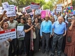 AISA national president Neha Bora, Rajya Sabha MP Kapil Sibal, Swaraj India leader Yogendra Yadav, Supreme Court lawyer Prashant Bhushan and RTI activist Anjali Bhardwaj led the march. (Arvind Yadav/HT Photo)