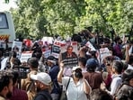 Delhi protests LIVE: Protesters hold placards and raise slogans against CEC Gyanesh Kumar during a protest near Jantar Mantar, in New Delhi on Saturday. 