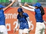 India's Pranavi Urs celebrates after winning the women's individual stroke play gold medal and women's team silver medal with Aditi Ashok and Diksha Dagar 