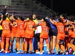 India players celebrate after winning the gold medal match against China at the Aichi-Nagoya Asian Games 2026.(Reuters)