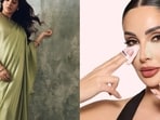 (L-R) Actor Samantha in a matcha ensemble, Huda Beauty's setting powder in Matcha Milk Cake variant