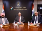 Chief Election Commissioner Gyanesh Kumar with Election Commissioners S S Sandhu and Vivek Joshi.