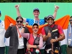 India's Neeru Dhanda and Kynan Chenai celebrate with others after winning gold medal in the trap mixed team shooting event during the 20th Asian Games, in Nagoya, Japan(PTI)