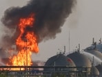 Flames burn at a facility belonging to Saudi oil giant Aramco south of Riyadh on October 3, 2026. 