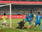 India's Gurpreet Singh Sandhu in action with Brazil's Vinicius Junior (REUTERS)