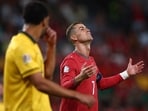 Portugal's Cristiano Ronaldo celebrates scoring their second goal before it is ruled out for offside following a VAR review