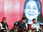 Samajwadi Party national president Akhilesh Yadav during the ‘Sankalp Shikshak Abhyarthi Samvad’ event at Ram Manohar Lohia Park, in Lucknow on Saturday. (ANI PHOTO)