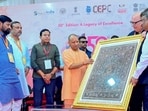 Uttar Pradesh chief minister Yogi Adityanath at the India Carpet Expo in Bhadohi on Sunday. (ANI PHOTO)