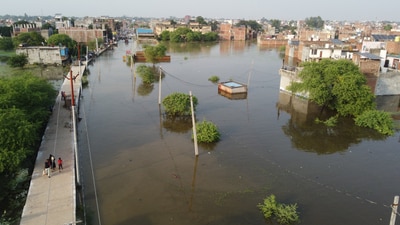 An aerial view of a flooded area of Faizullaganj ward after the Gomti River's water level rose. (HT)