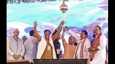 Chief minister Yogi Adityanath at an event in Bhadohi on Sunday. (PTI) Chief minister Yogi Adityanath at an event in Bhadohi on Sunday. (PTI)