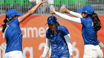 India's Pranavi Urs celebrates after winning the women's individual stroke play gold medal and women's team silver medal with Aditi Ashok and Diksha Dagar (REUTERS)