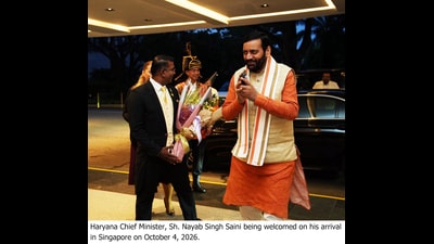 Haryana CM Nayab Singh Saini being welcomed on his arrival in Singapore on Sunday. (HT Photo) Haryana CM Nayab Singh Saini being welcomed on his arrival in Singapore on Sunday. (HT Photo)