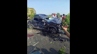 Mangled remains of the car after the accident in Kakori area of Lucknow. (Sourced) Mangled remains of the car after the accident in Kakori area of Lucknow. (Sourced)