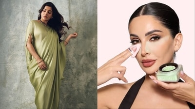 (L-R) Actor Samantha in a matcha ensemble, Huda Beauty's setting powder in Matcha Milk Cake variant (L-R) Actor Samantha in a matcha ensemble, Huda Beauty's setting powder in Matcha Milk Cake variant