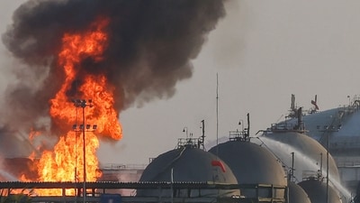 Flames burn at a facility belonging to Saudi oil giant Aramco south of Riyadh on October 3, 2026. (AFP) Flames burn at a facility belonging to Saudi oil giant Aramco south of Riyadh on October 3, 2026. (AFP)