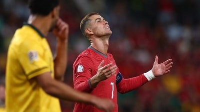 Portugal's Cristiano Ronaldo celebrates scoring their second goal before it is ruled out for offside following a VAR review (REUTERS)