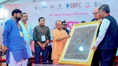 Uttar Pradesh chief minister Yogi Adityanath at the India Carpet Expo in Bhadohi on Sunday. (ANI PHOTO) Uttar Pradesh chief minister Yogi Adityanath at the India Carpet Expo in Bhadohi on Sunday. (ANI PHOTO)