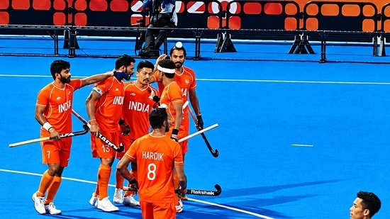 Kakamigahara [Japan], Oct 03 (ANI): Indian Men's Hockey team celebrates after defeating Malaysia 5-1 in the final to win the gold medal at the Asian Games 2026 in Aichi-Nagoya, in Kakamigahara on Saturday. (ANI Photo)( Avinash Sharma)