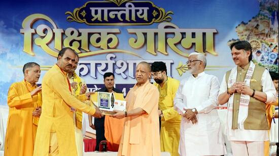 Chief minister Yogi Adityanath at the Provincial Teachers’ Dignity Workshop held as part of the All World Gayatri Pariwar’s centenary celebrations at the Ram Manohar Lohia National Law University in Lucknow. (SOURCED IMAGE)