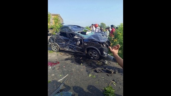 Mangled remains of the car after the accident in Kakori area of Lucknow. (Sourced)