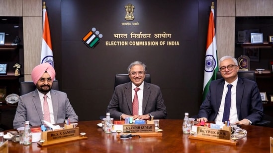 Chief Election Commissioner Gyanesh Kumar with Election Commissioners S S Sandhu and Vivek Joshi.