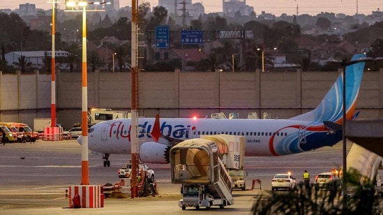 A flydubai Boeing 737 MAX 8 aircraft is pictured on the tarmac after landing at Israel's Ben Gurion Airport in Lod on September 30, 2026. (AFP)