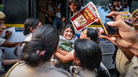 Members of a citizens' group stage a protest demanding the resignation of Chief Election Commissioner Gyanesh Kumar at Jantar Mantar. (RAJ K RAJ /HT PHOTO)
