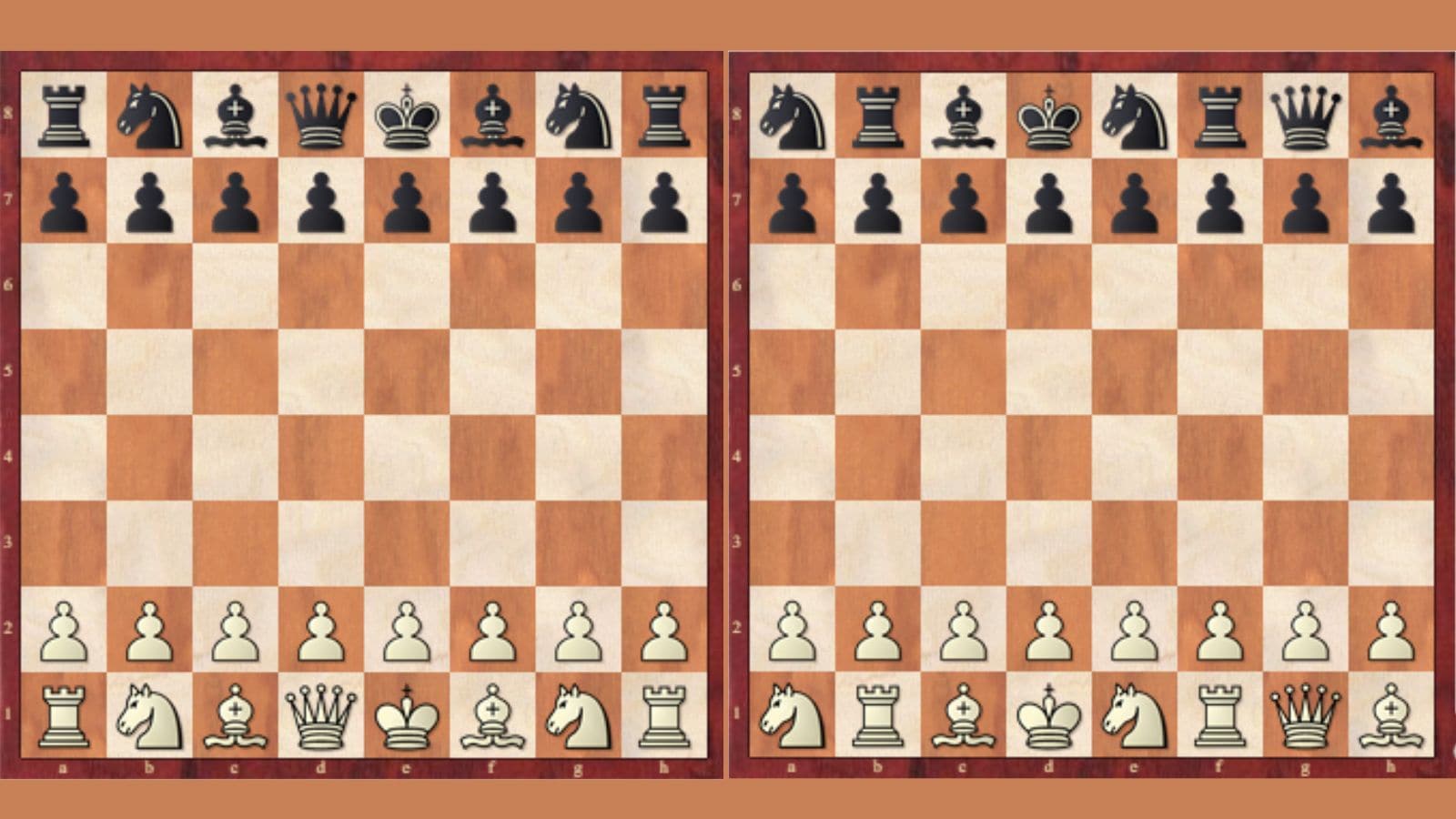 Pieces arranged according to the traditional chess setup (left), and randomly (right) in Chess 960. (Photo courtesy: Chessbase)