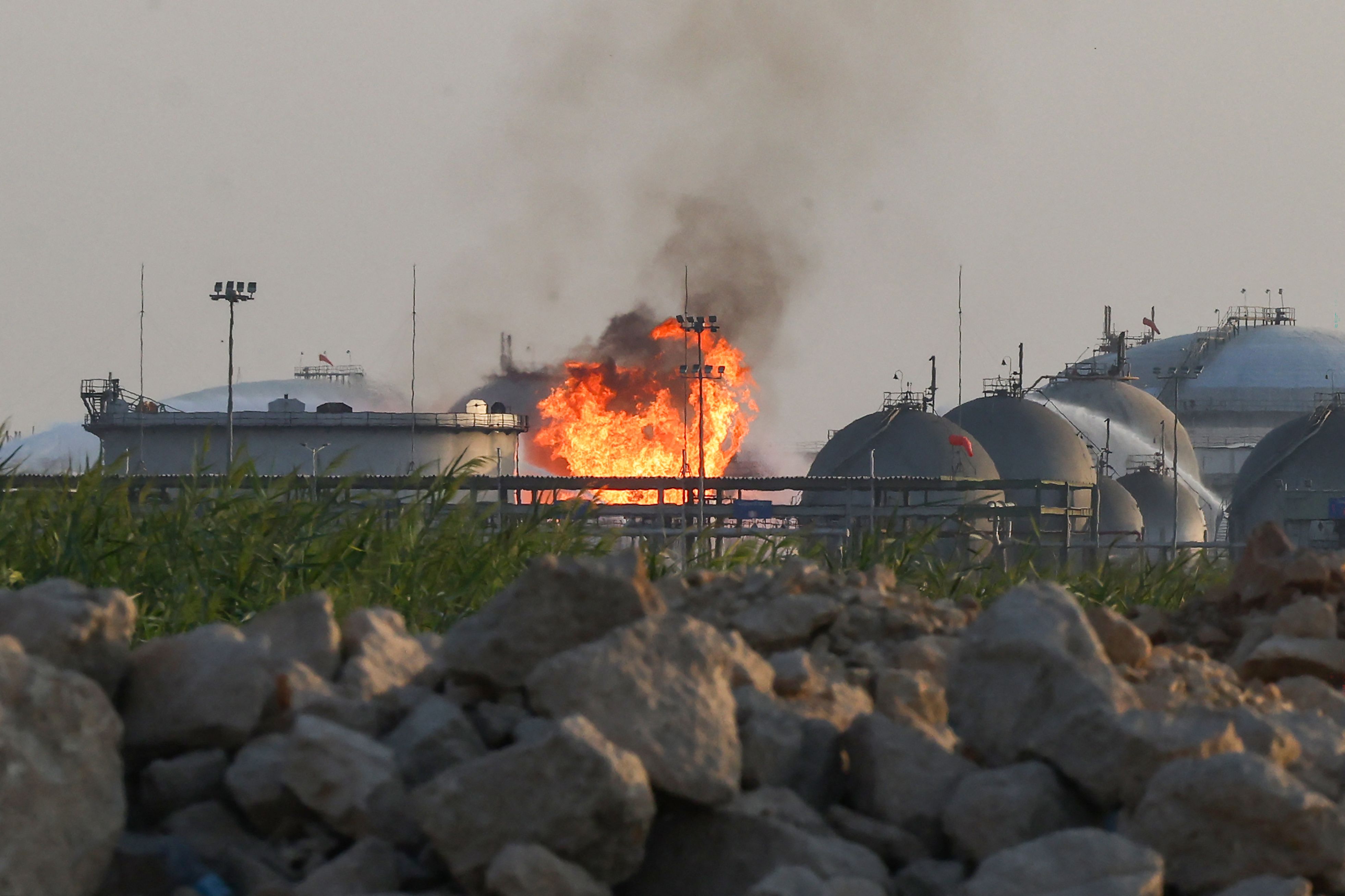 Flames burn at a facility belonging to Saudi oil giant Aramco south of Riyadh on October 3, 2026. (AFP) Flames burn at a facility belonging to Saudi oil giant Aramco south of Riyadh on October 3, 2026. (AFP)