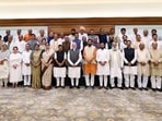Prime Minister Narendra Modi, along with Haryana Chief Minister Nayab Singh Saini and BJP National President Nitin Nabin, poses for a group photo with other BJP MLAs after a meeting with all BJP MLAs of Haryana at 7, Lok Kalyan Marg, in New Delhi on Saturday.(@narendramodi X)