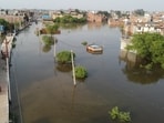 An aerial view of a flooded area of Faizullaganj ward after the Gomti River's water level rose. (HT)
