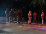 Heavy police deployment outside Astha Kunj Park in the evening,  in New Delhi.