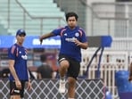 Hard-hitting opener Vaibhav Sooryavanshi during a practice session in Lucknow’s Ekana stadium on October 5. (HT photo)