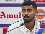 India defender Akash Mishra addressing a media conference ahead of Tuesday’s international football friendly against Uruguay at Kolkata’s Salt Lake stadium on Monday (PTI)