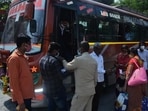 Thane, India - November 11, 2021: Thane RTO allows private bus services from Vandana Cinema ST Bus Depot as commuters face problems due to the ongoing MSRTC strike, in Thane, Mumbai, India, on Thursday, November 11, 2021. (Praful Gangurde/HT Photo) (HT PHOTO)